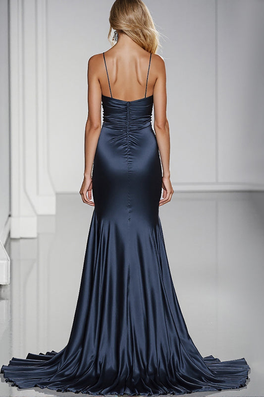 Dark Blue Satin Mermaid Long Formal Dress with Slit