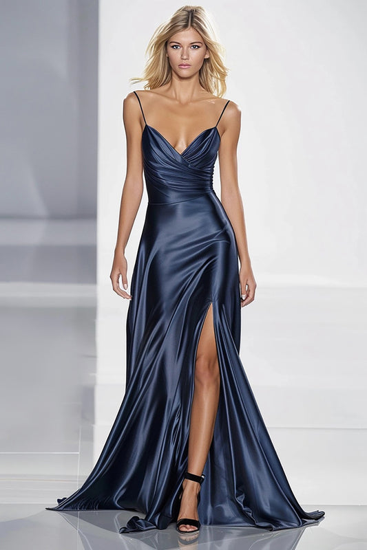 Dark Blue Satin Spaghetti Straps Long Formal Dress with Slit