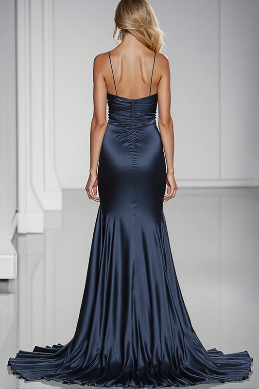 Dark Blue Satin Spaghetti Straps Long Formal Dress with Slit