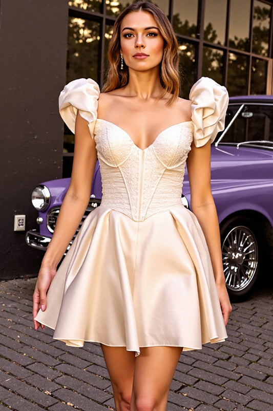 Ivory Satin Ruffled Corset Short Homecoming Dress