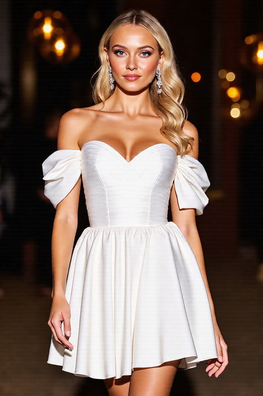 White Satin A Line Off the Shoulder Short Homecoming Dress with Ruffles