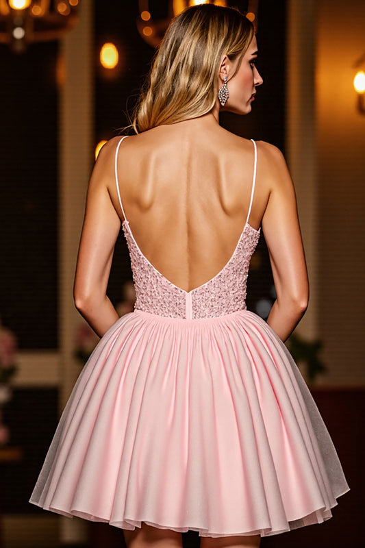 Sparkly Blush Corset Tulle Short Homecoming Dress with Sequins