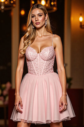 Sparkly Blush Corset Tulle Short Homecoming Dress with Sequins