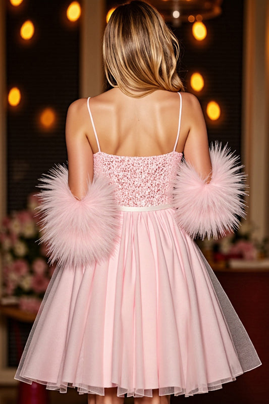Sparkly Blush Corset Sequin Short Homecoming Dress with Feathers