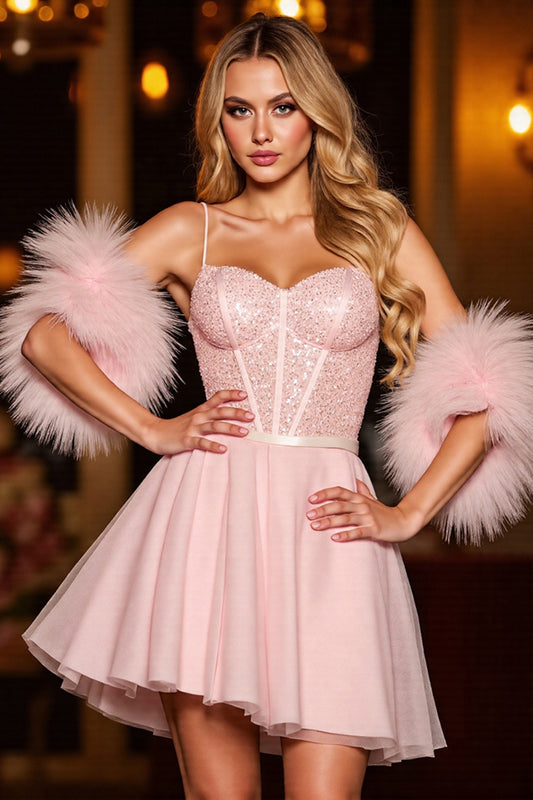 Sparkly Blush Corset Sequin Short Homecoming Dress with Feathers