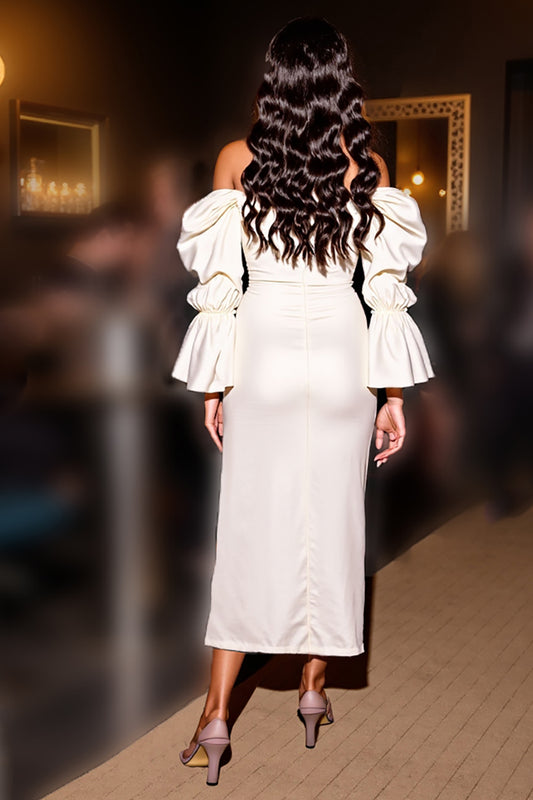 White Satin Corset Tight Midi Homecoming Dress with Slit