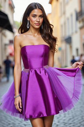 Dark Purple A Line Satin Strapless Short Homecoming Dress with Beading
