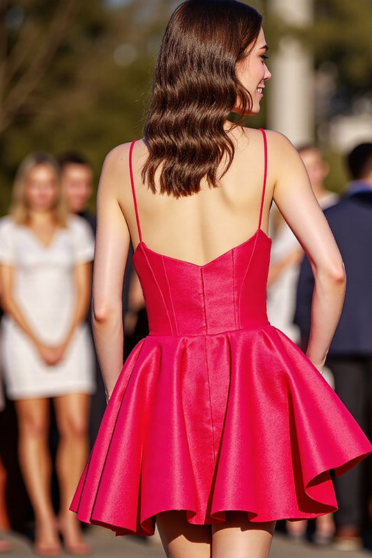 Red A Line Satin Ruched Short Homecoming Dress
