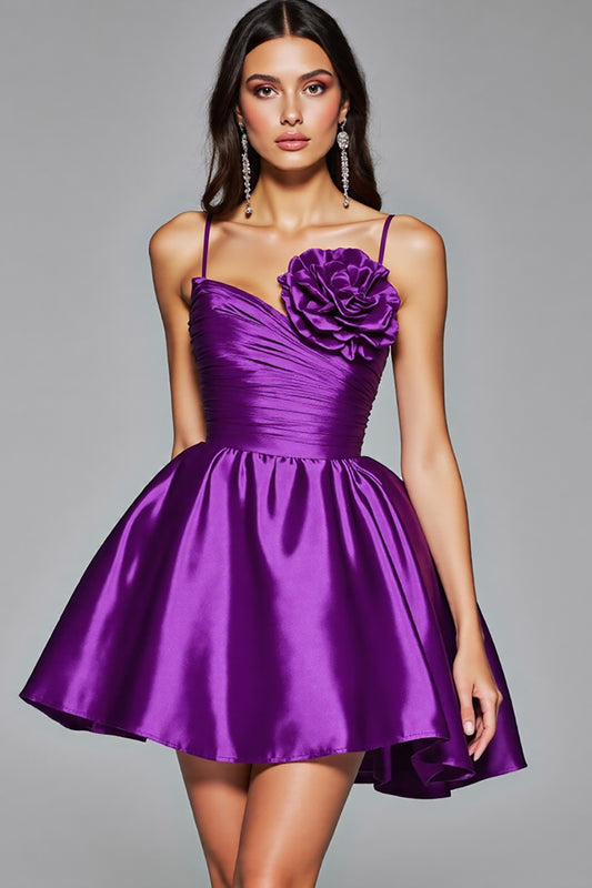 Dark Purple Floral A Line Satin Short Homecoming Dress