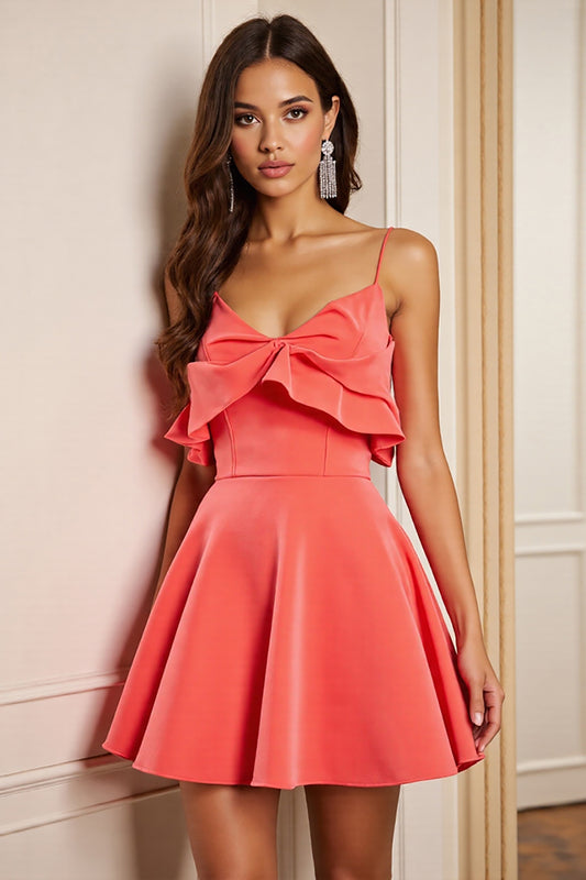 Orange Satin Corset Spaghetti Straps Short Homecoming Dress with Ruffles