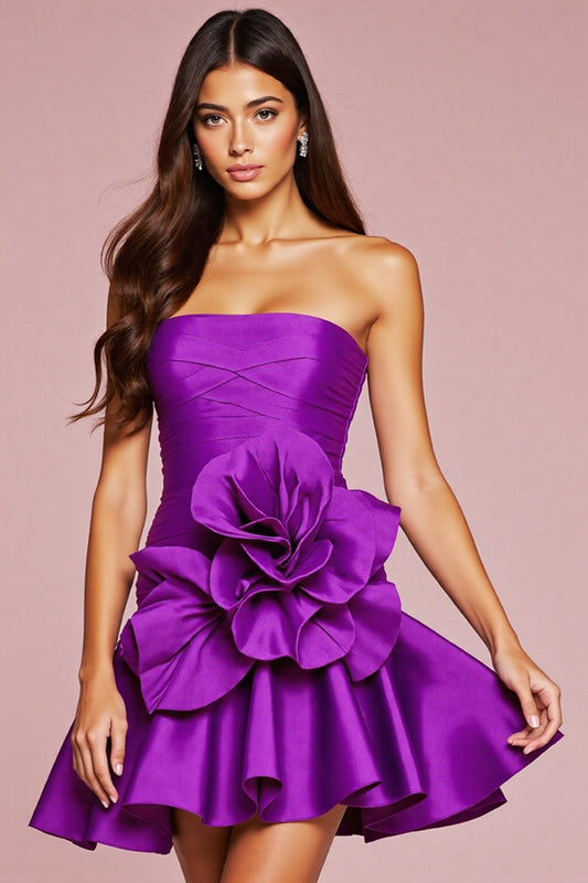 Dark Purple Strapless Satin Short Homecoming Dress with 3D Flower