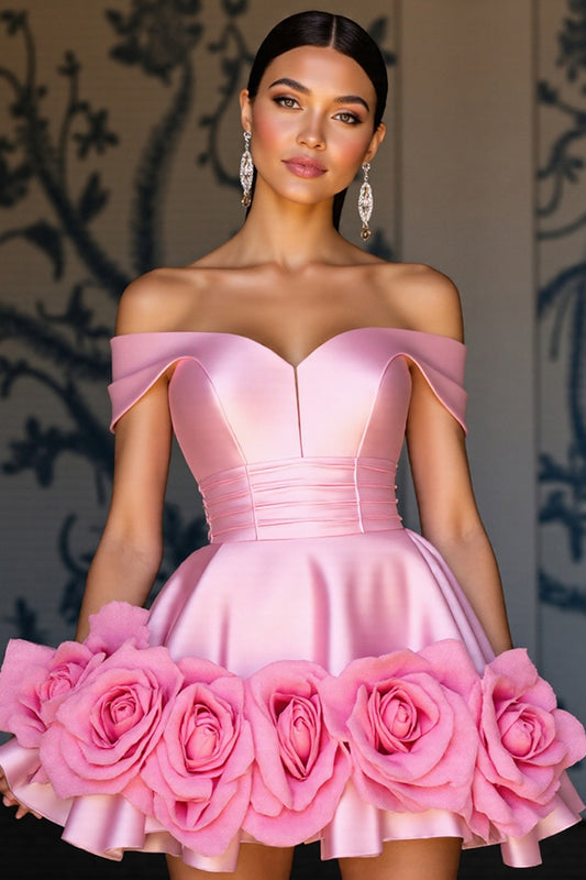 Pink Satin A Line Floral Short Homecoming Dress