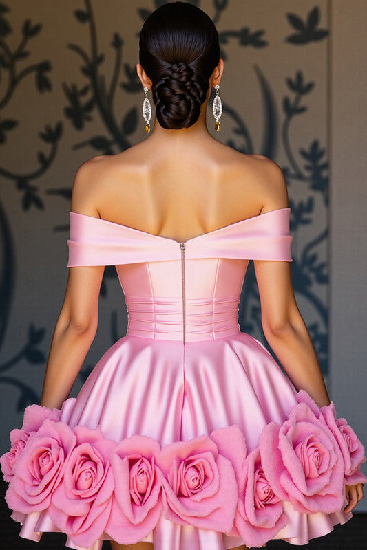 Pink Satin A Line Floral Short Homecoming Dress