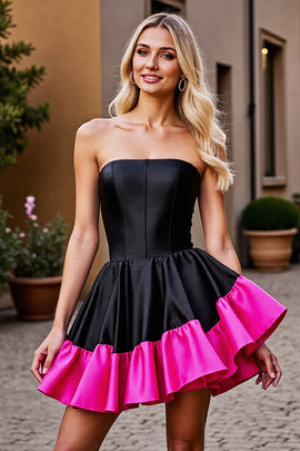 Black and Fuchsia Satin Corset Strapless Short Homecoming Dress