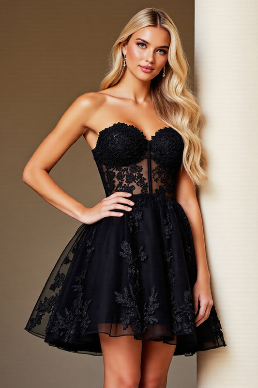 Black Corset Sweetheart Short Lace Homecoming Dress