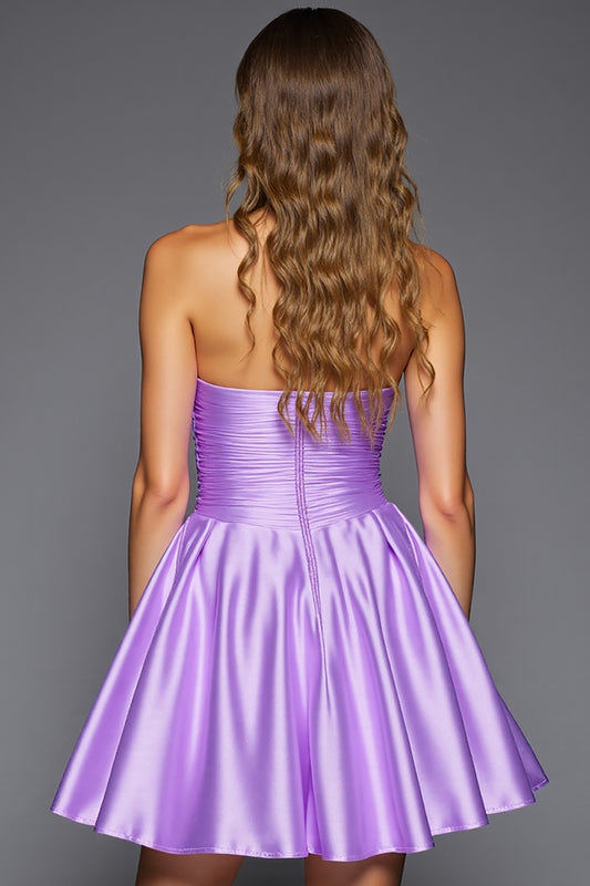 Purple Strapless Short Satin Homecoming Dress with 3D Flowers