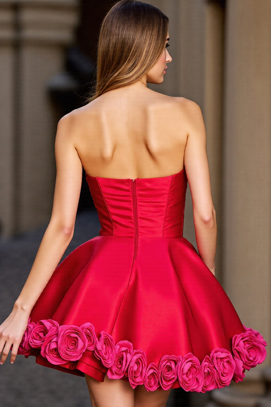 Red Floral Strapless Satin Short Homecoming Dress