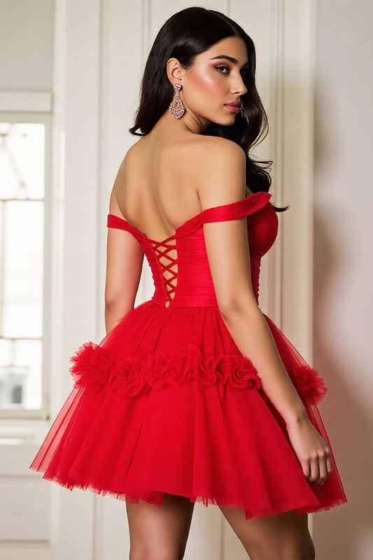 Red A Line Corset Tulle Short Homecoming Dress with Ruffles