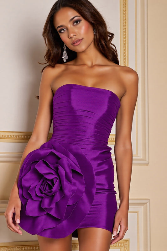 Dark Purple Floral Bodycon Short Satin Homecoming Dress