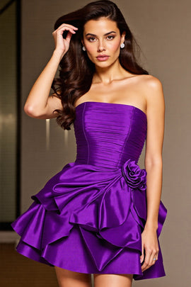 Dark Purple Floral Short Satin Homecoming Dress with Ruffles