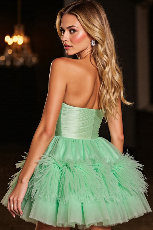 Green Corset Tulle Sweetheart Short Homecoming Dress with Feathers