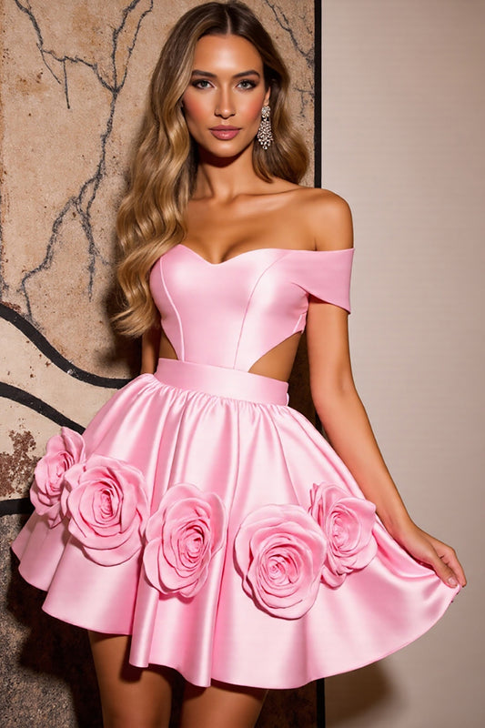 Pink Floral Satin Corset A Line Short Homecoming Dress