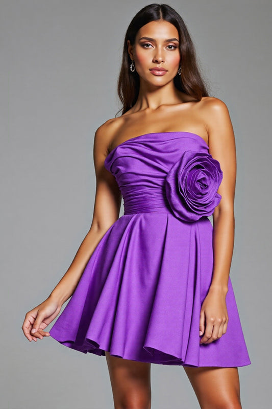 Purple Floral Satin Strapless Short Homecoming Dress