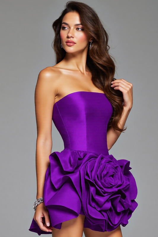 Dark Purple Floral Satin Ruffled Short Homecoming Dress