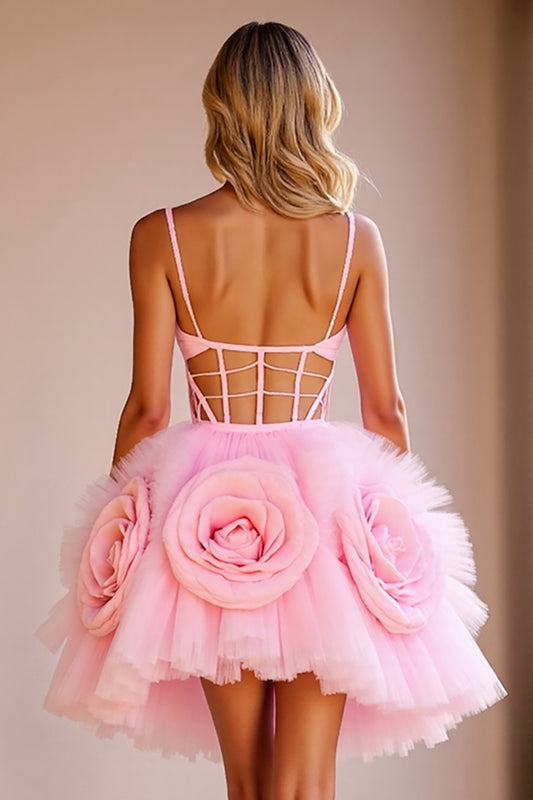 Pink Floral Corset Tulle Cut Out Short Homecoming Dress