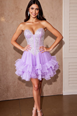 Sparkly Lilac Corset Tulle Short Ruffled Homecoming Dress with Sequins