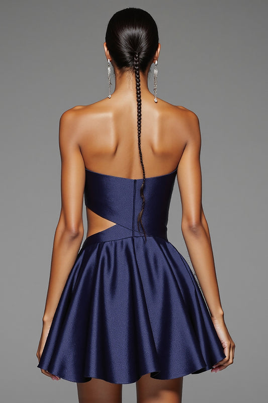 Navy Satin A Line Cut Out Short Homecoming Dress