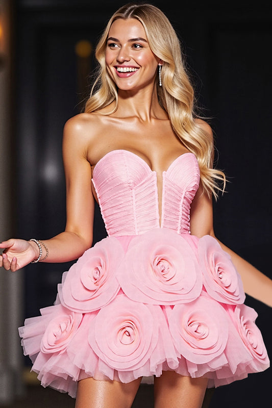 Pink Floral Tulle Corset Short Homecoming Dress