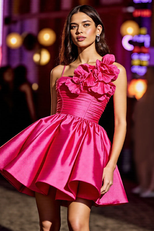 Fuchsia A Line Satin Floral Short Homecoming Dress with Ruffles