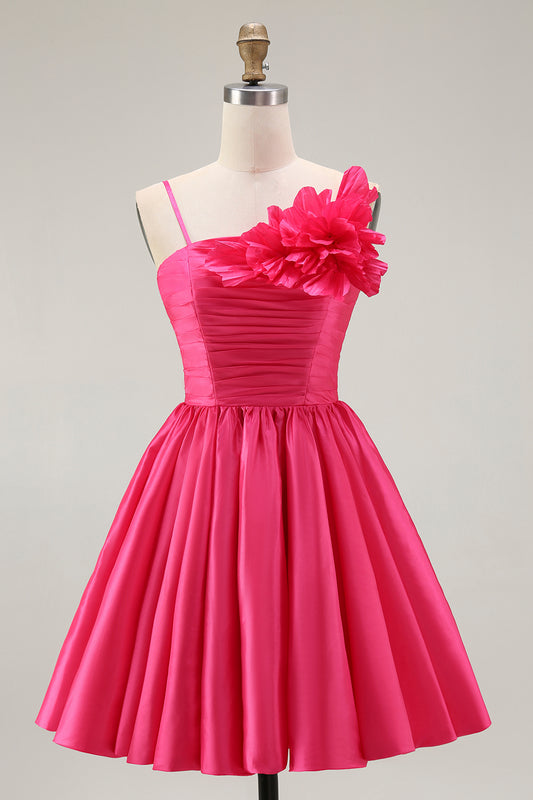 Fuchsia Floral A Line Satin Ruffled Short Homecoming Dress