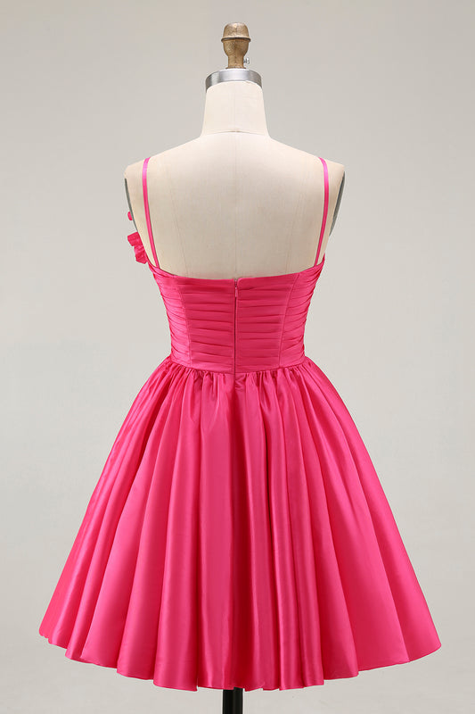 Fuchsia Floral A Line Satin Ruffled Short Homecoming Dress
