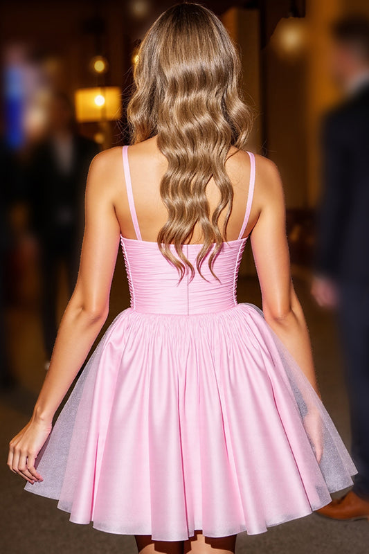 Pink Tulle Ruched A Line Short Homecoming Dress