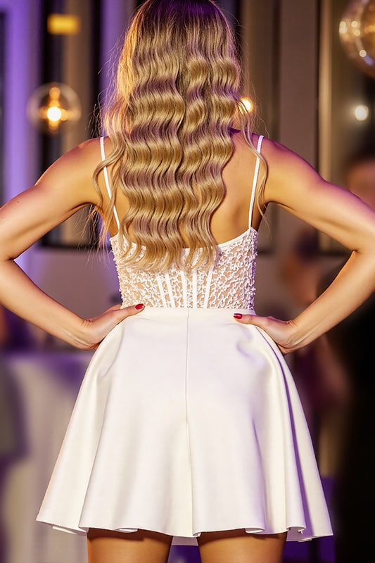 White Corset A Line Satin Short Homecoming Dress with Lace