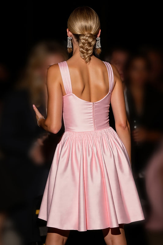 Pink Satin A Line Short Homecoming Dress with 3D Flowers