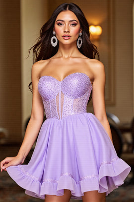 Purple A Line Strapless Corset Short Homecoming Dress with Sequins