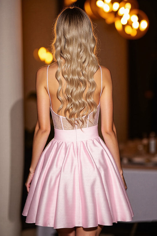Pink Satin A Line Corset Short Homecoming Dress with Bow