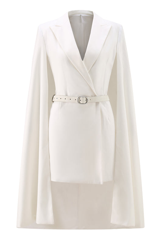 White Satin Peak Lapel Cape Short Work Blazer Dress with Belts