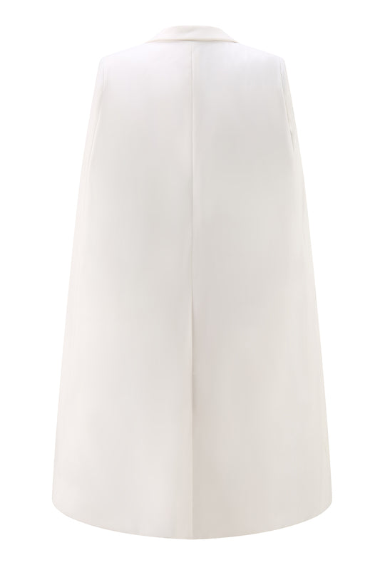White Satin Peak Lapel Cape Short Work Blazer Dress with Belts