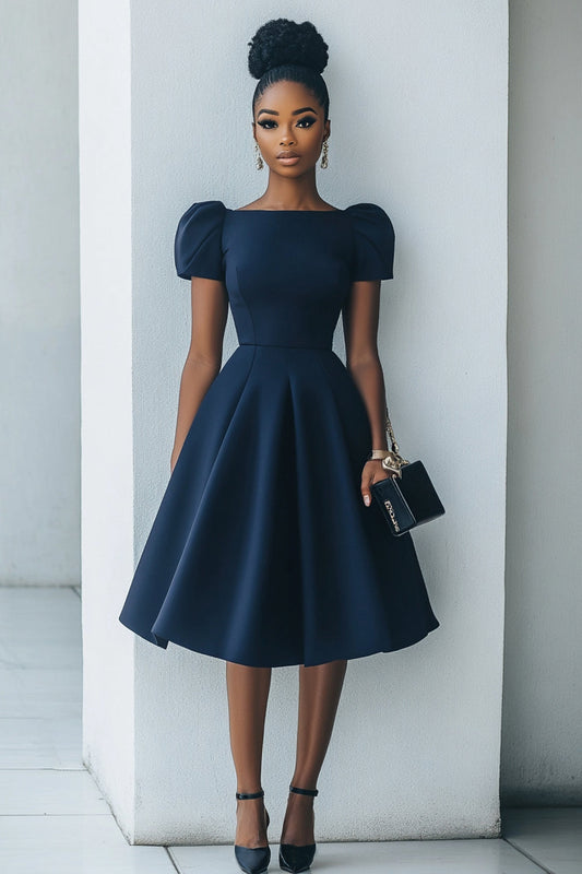 Navy A Line Satin Midi Work Dress with Short Sleeves