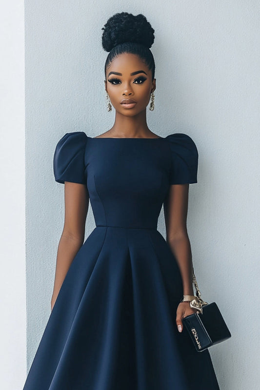 Navy A Line Satin Midi Work Dress with Short Sleeves