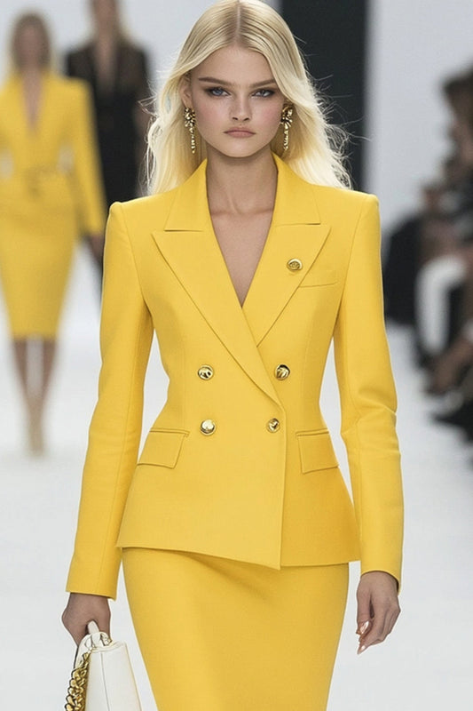 Yellow Peak Lapel 2 Piece Double Breasted Business Suits with Pockets