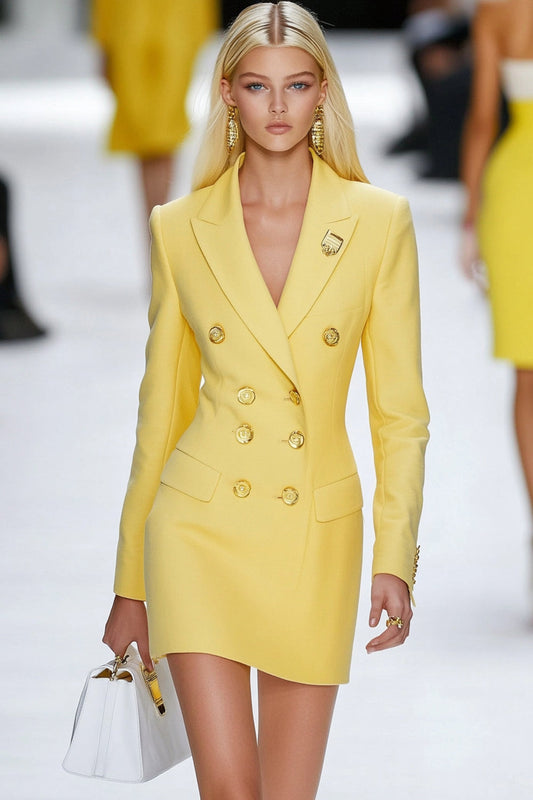 Yellow Satin Peak Lapel Double Breasted Bodycon Work Blazer Dress