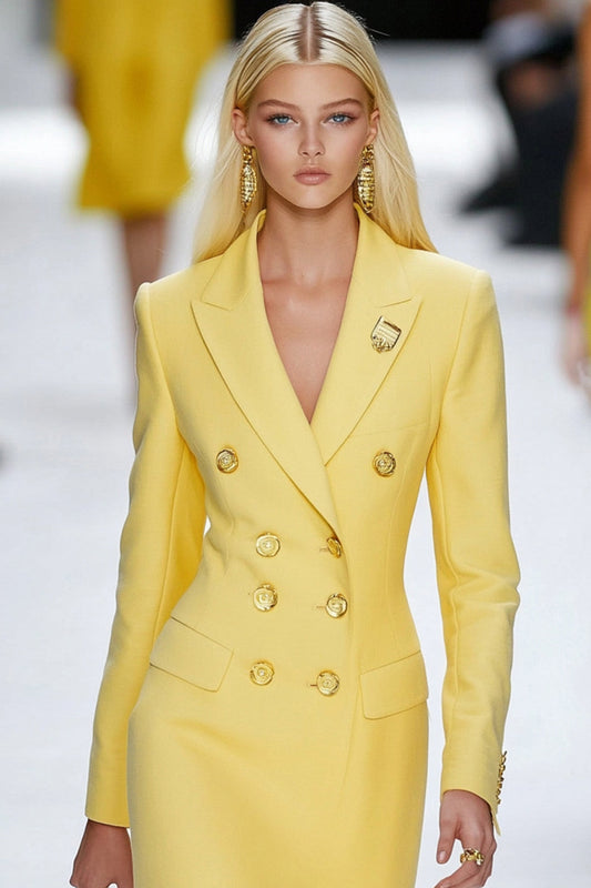 Yellow Satin Peak Lapel Double Breasted Bodycon Work Blazer Dress