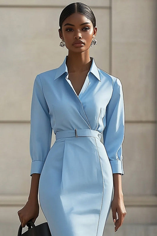 Sky Blue Bodycon Satin Work Blazer Dress with Long Sleeves