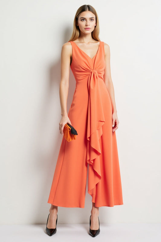 Orange V-Neck Long Ruched Work Jumpsuits with Ruffles