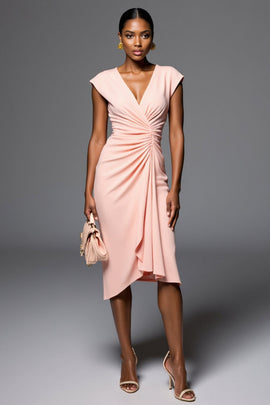 Light Pink V-Neck Satin Short Bodycon Work Dress with Ruffles